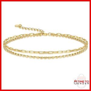 14K Gold Plated Double-Layer Anklet with Paperclip Beaded Chain
